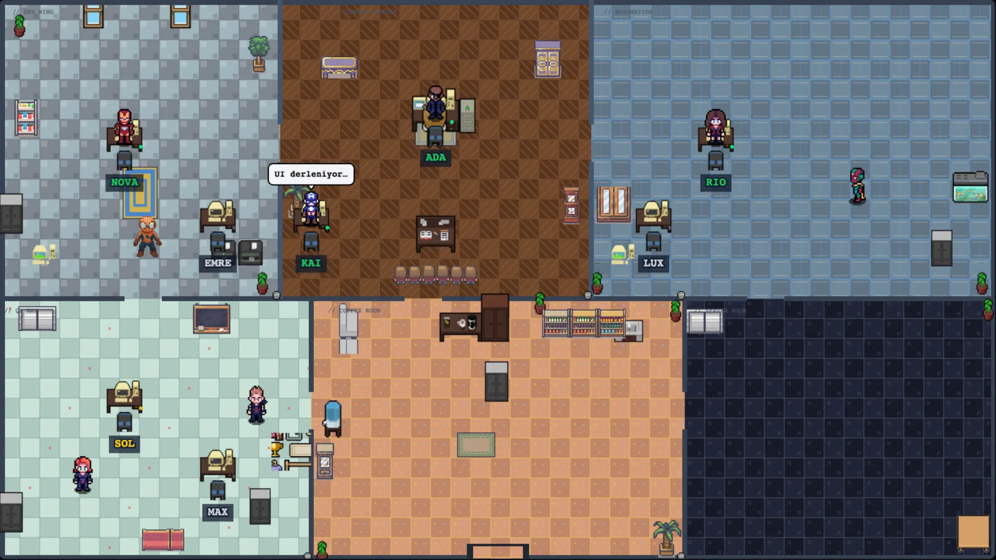 AgentSpace uygulamasının pixel-art ofisi: takım masalarında çalışan AI ajanlar ve canlı görev baloncukları.